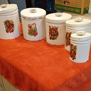 Antique White Canister Set with Colorful Accents Cottagecore Unique Decore